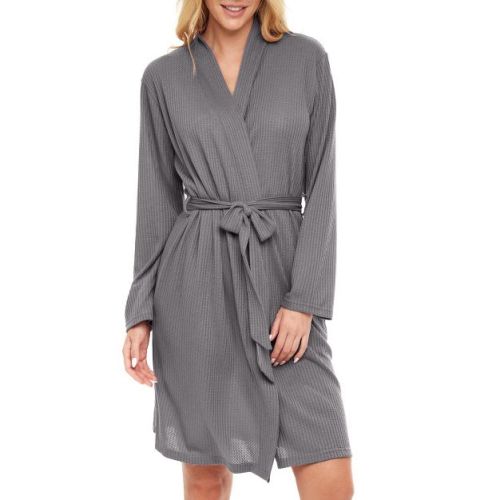 Adr Women's Ribbed Knit Wrap Robe With Pockets, Lightweight Bathrobe Gray Small