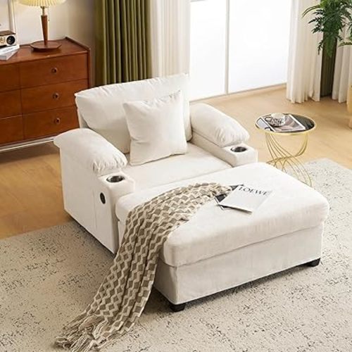 Oversized Accent Chair, Comfy Reading Chair with Ottoman, Dual Cup Holders, USB/C-Type Charging Ports, Storage Armrest, Chenille Lounge Chair for Living Room Office Bedroom Apartment (Ivory)