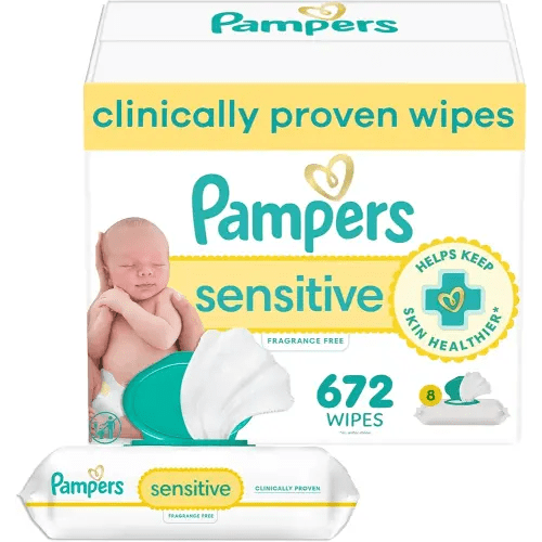 Pampers Baby Wipes, Sensitive, Water Based Wipe, Clinically Proven, Hypoallergenic, and Unscented for Babies, 672 Wipes Total (8 Flip-Top Packs) [Packaging May Vary]
