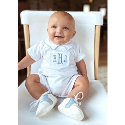 Andrew Pima Cotton Shortie-Monogramme Maison White w blue trim-Pima Cotton baby-Personalized baby-Special occasion-Brother Outfits