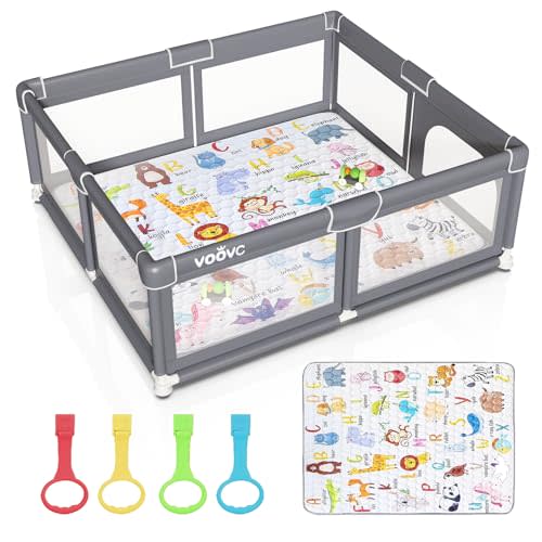 Voovc Premium Baby Playpen with Mat, 71x60 Inches Extra Large Play Pen for Babies and Toddlers, Indoor & Outdoor Activity Center, Safety Baby Playpen with Gate Prints (Enamel Gray)