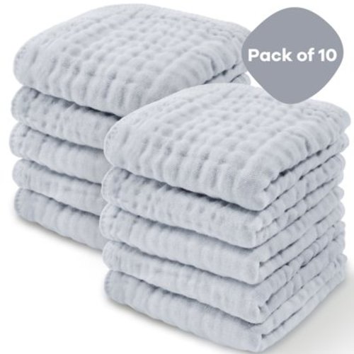 Comfy Cubs Baby Washcloths, Muslin Cotton Baby Towels, Large 10”x10” Wash Cloths (Slate, Pack of 10)