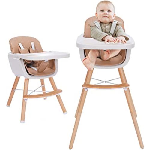 3-in-1 Convertible Wooden High Chair,Baby High Chair with Adjustable Legs & Dishwasher Safe Tray, Made of Sleek Hardwood & Premium Leatherette, Brown Color