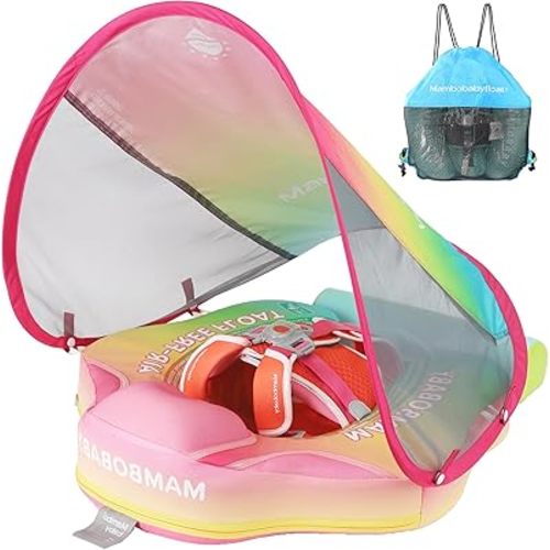 Mambobaby Float with Canopy Baby Float Non Inflatable Baby Safety Float for Swimming Pool Float Upgraded Tail Soft Skin-Friendly Material for Toddler Infant 3-24 Months, Rainbow