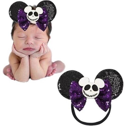 JIAHANG Mouse Ear Halloween Nylon Headband with Sequin Bow, Purple Soft Elastic Hair Bow Hair Band, Party Headwear for Baby Girls Newborn Infant Toddlers, kids, Gilrs
