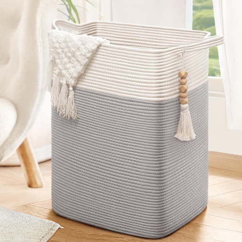 DIYMAG Laundry Basket,Woven Cotton Rope Laundry Hamper,60L for Decor Storage of Dirty Clothes,Toys and Blankets in Bathroom,Baby Room and Living Room（Gray,16x13x22in）