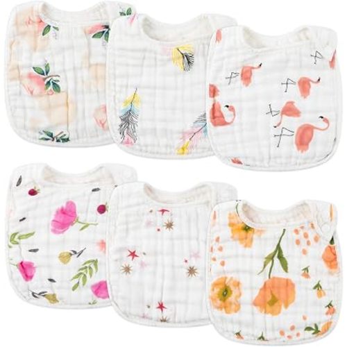 Zainpe 6Pcs Snap Muslin Cotton Bibs for Baby, Flamingo Star Flower Machine Washable Adjustable Burp Cloths with 6 Absorbent Soft Layers for Infant Newborn Toddler Drooling Feeding and Teething