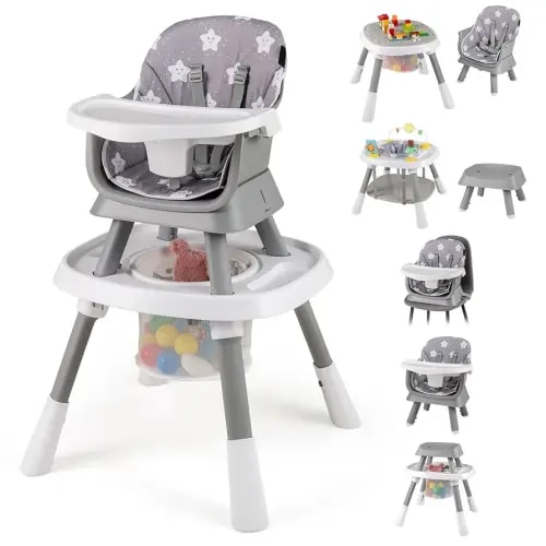 HONEY JOY 16-in-1 Baby High Chair, Convertible Highchair for Babies and Toddlers/Booster Seat/Activity Center with Toys, Building Block Table & Stool, Safety Harness, Removable Cushion & Tray (Gray)