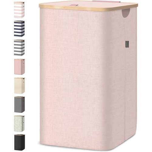 BALEINE Laundry Hamper with Lid, Tall Laundry Baskets with Bamboo Pull Handles, Large Laundry Bin with Internal Support (26 Gal/100L, Pink)