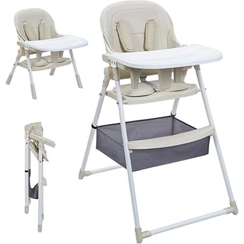 2 in 1 Baby High Chair, Foldable Convertible High Chairs with Removable Tray and Detachable Cushion, Height Adjustable Toddler Feeding Chair with Large Storage Basket, Khaki ＆ White