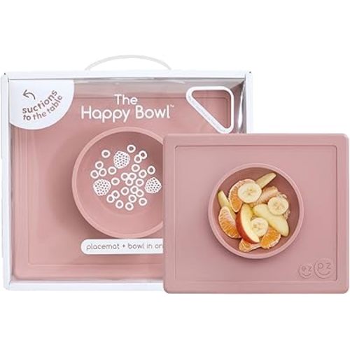 ezpz Happy Bowl - 24 Months + (Blush) - 100% Silicone Suction Bowl with Built-in Placemat – Dishwasher Safe
