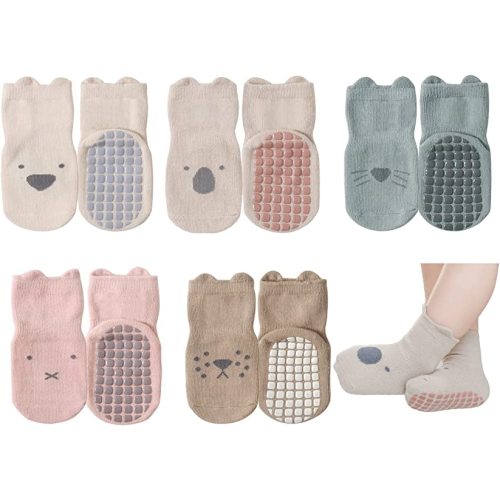 Exegawe Toddler No Slip Socks, Cute Baby Socks with Grips Crew Socks 5 Pairs