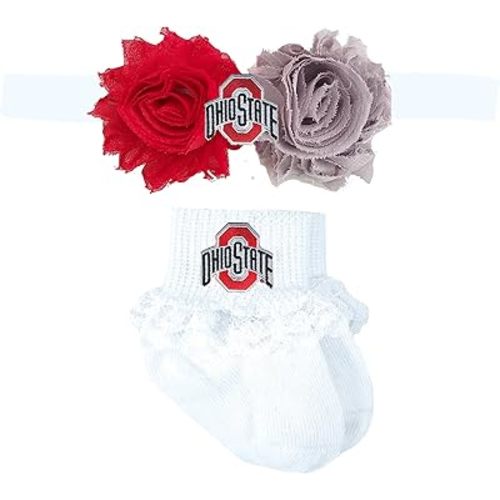 Ohio State Buckeye Baby Shabby Flower Headband and Lace Socks Set 0-6 Months