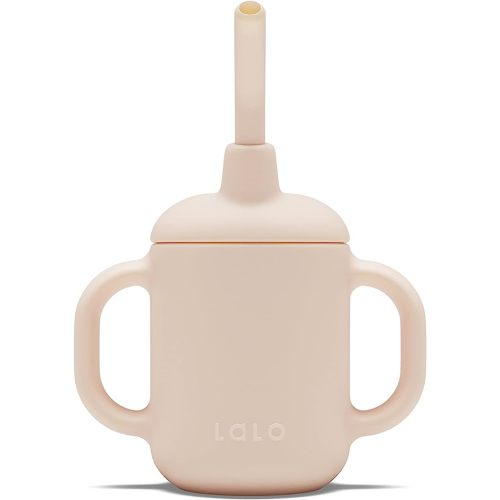 Lalo Little Cup, Non-Toxic Silicone Straw Cup with Handles - Baby and Toddler Sippy Cup - Mini Cup and Straw Training System, 4oz, Grapefruit - 1 Pack