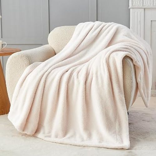 NEWCOSPLAY Knitted Throw Blanket for Couch Sofa Bed, Plush-Ivory, 60"x80"