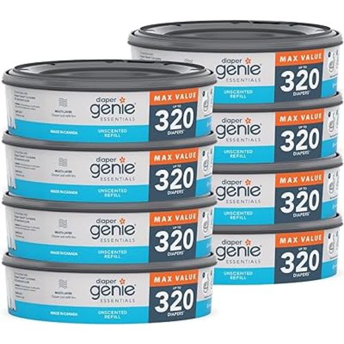Diaper Genie Essentials Round Refill 8-Pack | Holds Up to 2560 Newborn Diapers | Features Unscented Continuous Film | Compatible with Diaper Genie Complete and Expressions Pails,8 Count (Pack of 1)
