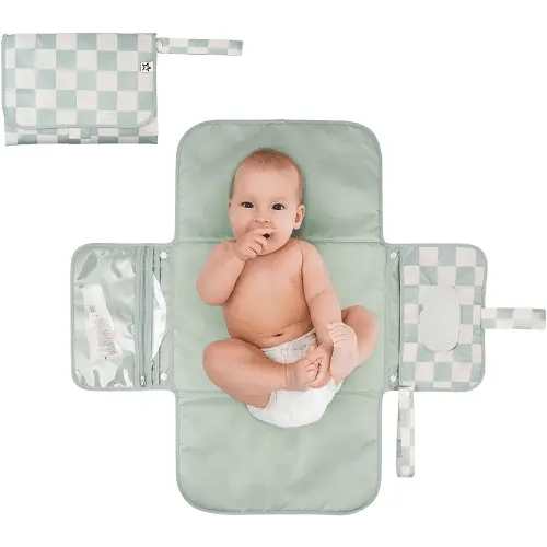 Portable Diaper Changing Pad, Foldable Waterproof Baby Change Pad for Newborn Girl & Boy with Smart Wipes Pocket (Sage Checkers)