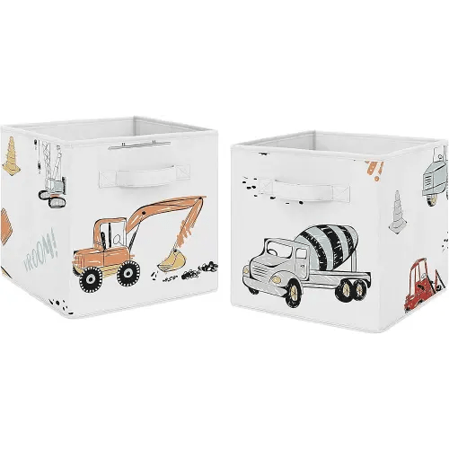 Sweet Jojo Designs Construction Truck Foldable Fabric Storage Cube Bins Boxes Organizer Toys Kids Baby Childrens - Set of 2 - Grey Yellow Orange Red and Blue Transportation