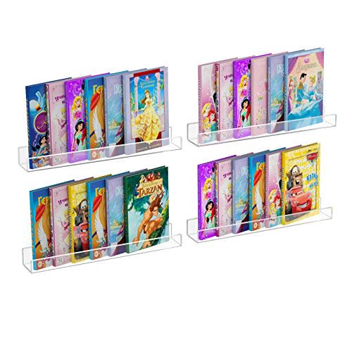 NIUBEE 24" Premium Acrylic Floating Nursery Kids Bookshelf Wall Ledge Shelf, Clear Invisible Spice Rack Bathroom Storage Shelves Display Organizer, 50% Thicker with Free Screwdriver, Set of 4