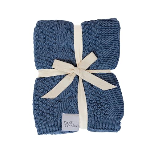 Sweet Acorn Knit Baby Blanket in Cable Pattern, Organic Cotton Blankets for Crib or Stroller, Receiving Blankets - Bay Blue