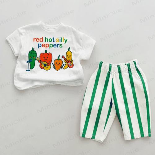 RED HOT SILLY PEPPERS Baby Green Vertical Striped 2-piece Set
