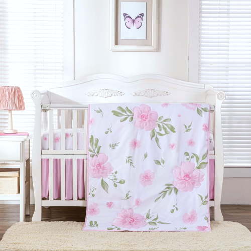 Sweet Baba Pink Crib Bedding Set for Baby Girls, 3 PC Nursery Set Including Quilt/Skirt/Crib Sheet