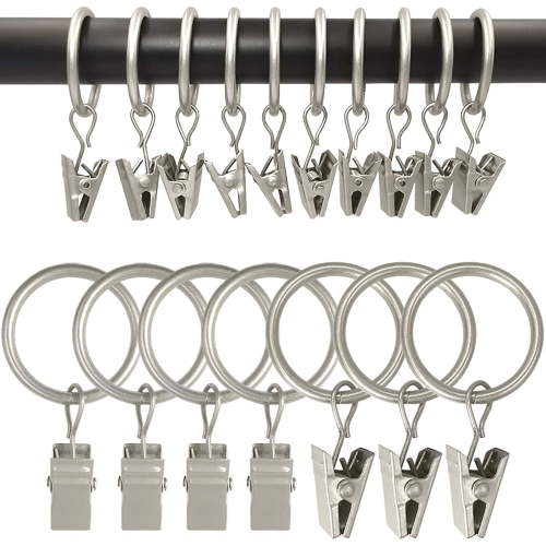 100 Pack Metal Curtain Rings with Clips, Curtain Hangers Clips, Drapery Clips with Rings, Drapes Rings 1 in Interior Diameter, Fits Diameter 5/8 in Curtain Rod, Matte Silver