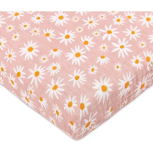 Babyletto 100% Organic Cotton All-Stages Midi Crib Sheet, GOTS-Certified, Fitted 360°, Ultra-Soft and Breathable Muslin - Daisy