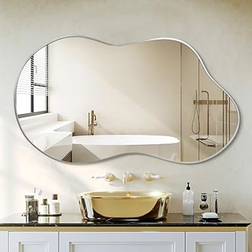 Bathroom Mirror - Silver Irregular Wall Mirrors Decorative 26"x46" Asymmetrical Tempered Glass Aviation Aluminum Alloy Frame for Vanity, Bedroom, Living Room, Cloakroom, Entryway