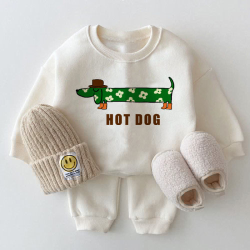 HOT DOG Baby Dachshund White Sweatshirt 2-piece Set