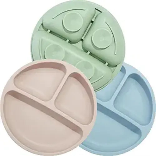 PandaEar 3 Pack Toddler Plates, Silicone Divided Suction Plate for Babies, BPA-Free 100% Food-Grade Silicone Unbreakable Baby Plate (Blue)