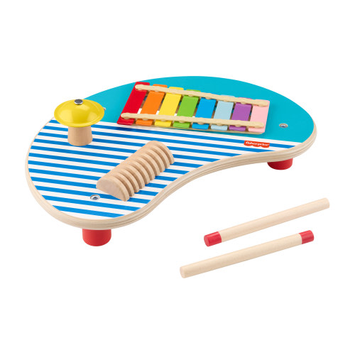 Fisher-Price Wooden Toy Musical Table with Percussion Instruments for Toddler Role Play, 3 Wood Pieces