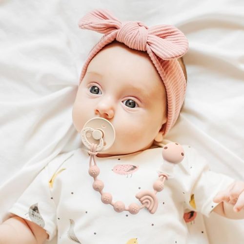 Baby Pacifier Clips One Piece Binky Clip Holder Silicone Teether Clip Pacifier Straps with Clip Baby Teether Toys for Boys and Girls Set of 3 Andy Bear-Ivory+Sage+Blush
