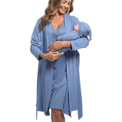 QTECLOR Mommy Robe Set for Maternity with Matching Swaddle Blanket, Delivery Labor Gown Robe for Hospital Women Dress