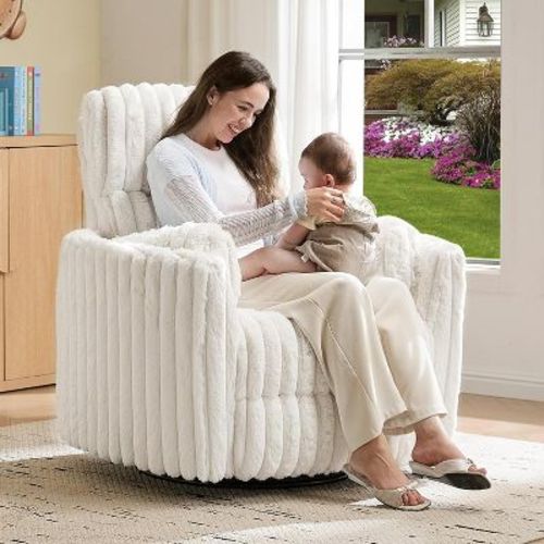 AMERLIFE Power Recliner Nursery Chair, Electric Swivel Rocking Glider with USB & Type-C, Plush Corduroy Armchair with 2 Pillows, Cream