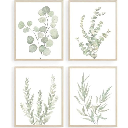 Botanical Boho Bathroom Decor Wall Art Prints, UNFRAMED Sage Green Plants Decor for Bedroom|Office, Minimalist Eucalyptus Leaves Watercolor Art Prints, Set of 4 Pictures, 8"x10" No Frames