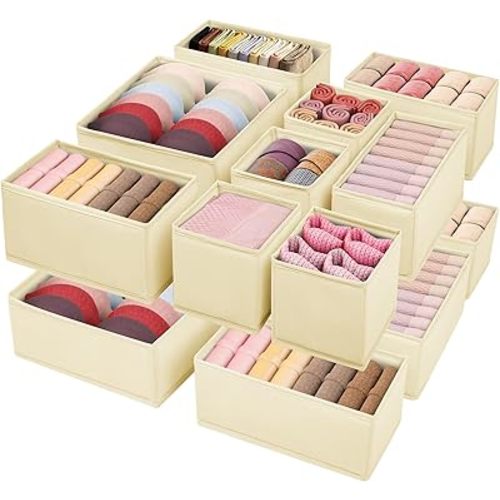 Drawer Clothing Organizer 16-Pack, Beige 3-Size Underwear Drawer Dividers, Fabric Folding Wardrobe Organizer for Baby Clothes, Bras, Underwear, Panties, Belts, Socks, Ties, etc.