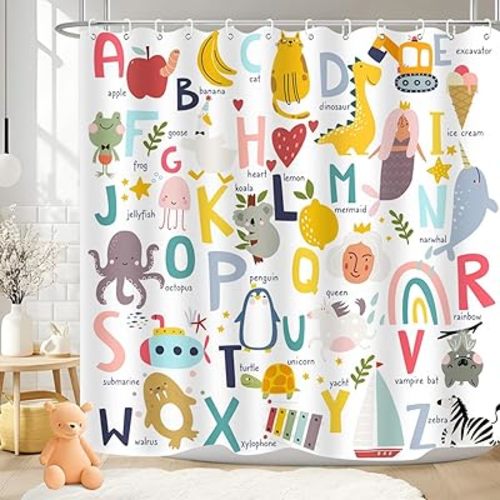 Kids ABC Shower Curtain Alphabet Educational Learning Tool Baby Cartoon Animals Girls Boys Colorful Bath Curtain Decor Waterproof Fabric 72Lx72W Inch with Hooks