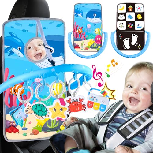 Joryuek Musical Baby Car Seat Toys, Double Sided Carseat Toys Hanging with 5 Sensory Toys, Car Seat Toys for Babies Infants 6-12 Months Boys Girls (Blue)