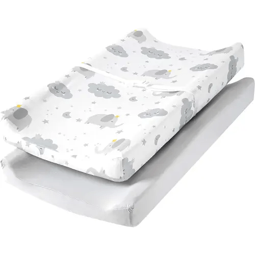 TILLYOU Changing Pad Cover Set in Soft Jersey Material - Fits 32"/34''x16" Contoured Pad for Babies, Elephant & Cloud, Grey