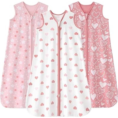 Baby Sleep Sack 0-6 Months, 100% Cotton Sleeping Sack for Newborn and Infant, 3 Pack Baby Wearable Blanket for Boy and Girl, 0.5 Tog Lightweight Double Zipper Sleep Bag Pink Heart