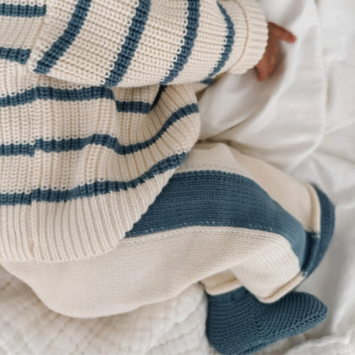 Knit Striped Pants  - Cream & Denim Blue