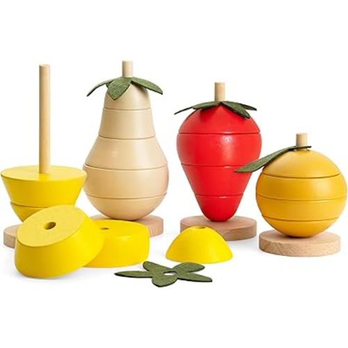 Wooden Fruit Stacking Toy for Toddlers – Montessori-Inspired Sorting & Stacking Rings – Hand-Painted Pear, Strawberry, Lemon, Orange – Educational STEM Toy for Kids Ages 18M–4Y