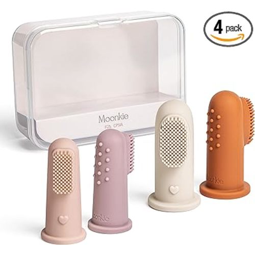Moonkie Baby Toothbrush Finger Toothbrush Oral Cleaner Kit for 3 Months +, 4 Pcs Small (Blush/Pale Mauve)/Large (Clay/Ivory)