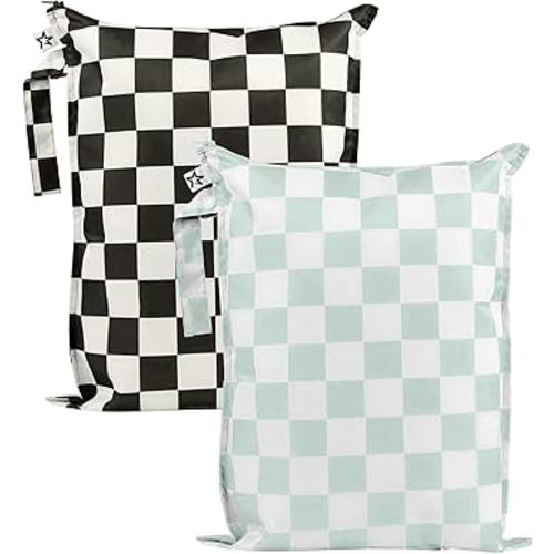 Tiny Twinkle Mess-Proof Waterproof Wet Dry Bag | 2-Pack Reusable Wet Bags for Swimsuits & Baby Clothes | Leakproof Wet Bag for Travel & Diaper Changes for Baby (Black, Green Checkers)