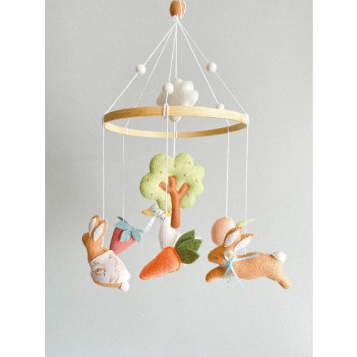 Garden rabbit crib mobile,Garden rabbit nursery mobile,Garden rabbit felt mobile,Mobile with rabbit in the garden,Neutral gender crib mobile