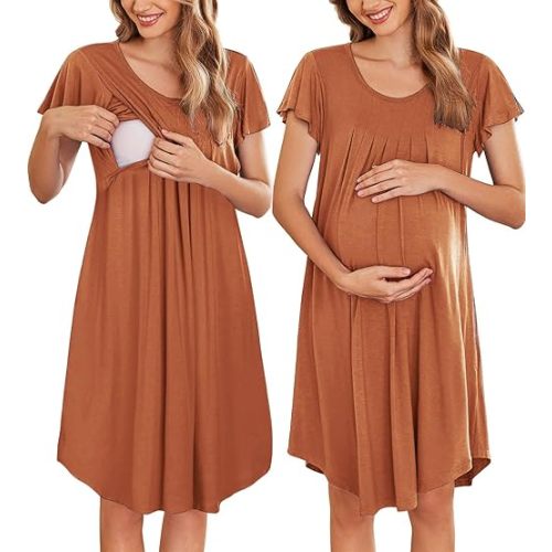 Ekouaer Nursing Nightown Labor and Delivery Gown for Hospital Pleated Breastfeeding Dress Short Sleeve Maternity Sleepwear