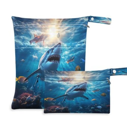 2 PCS Wet Dry Bags for Baby Cloth Diapers Reusable Waterproof Wet Bags for Stroller, Travel & Gym Shark Swimming in The Ocean