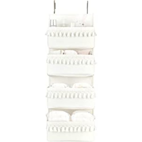 Dahey Over The Door Organizer Boho Nursery Storage Decor Closet Hanging Organizer with Tassels Decoration for Bedroom Nursery Bathroom Apartments Dorm Pantry, 4 Pockets, White and Grey - 4-Layer