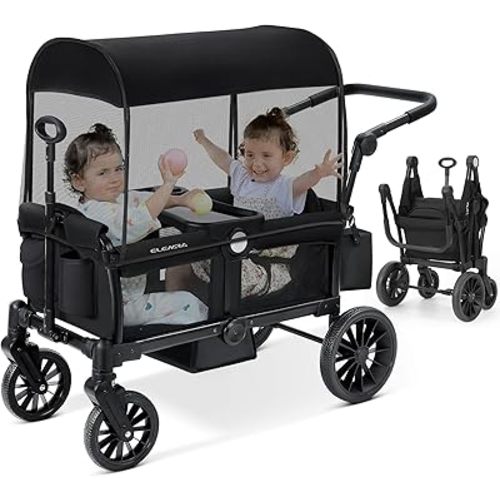ELEMARA Foldable Wagon Stroller, Stroller Wagon for 2 Kids, Premium All Terrain Wagon for Kids with Removable Canopy, Adjustable Push/Pull Handle, Harnesses, Large Storage Bag, Black